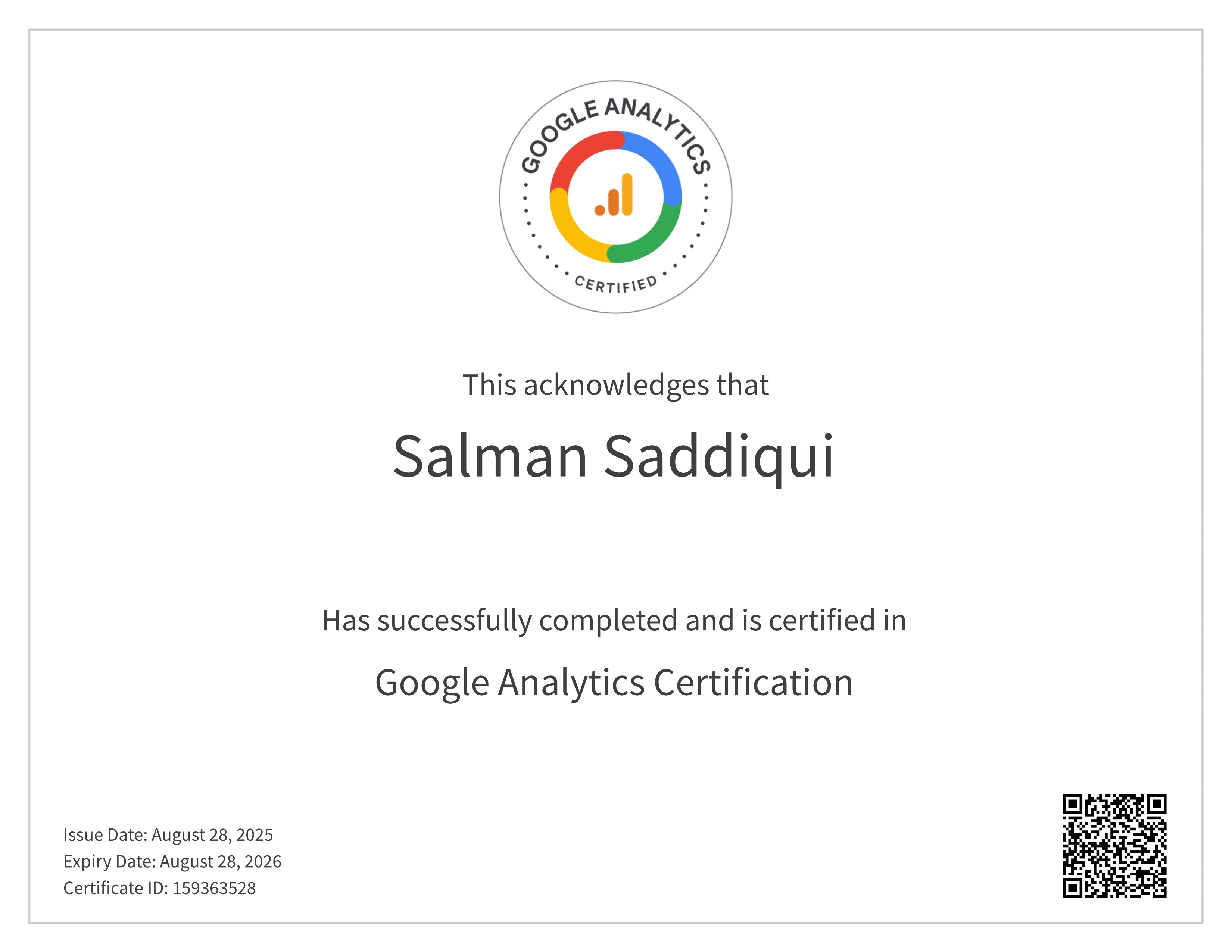 Salman Saddiqui's Google certification from Skillshop